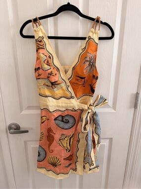 FARM Rio Coral, Orange & Cream Shell-Print Wrap Mini Dress